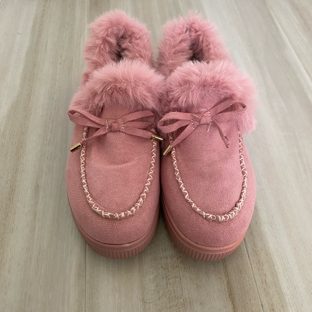 Pink faux fur slip on shoes